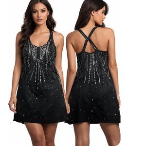 Free People Embellished Mini Dress XS TP Black Beaded Racerback Festival NWOT